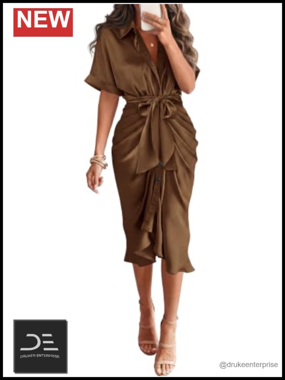 Short Sleeve Satin Maxi Dress Button Down Tie Waist Business Casual